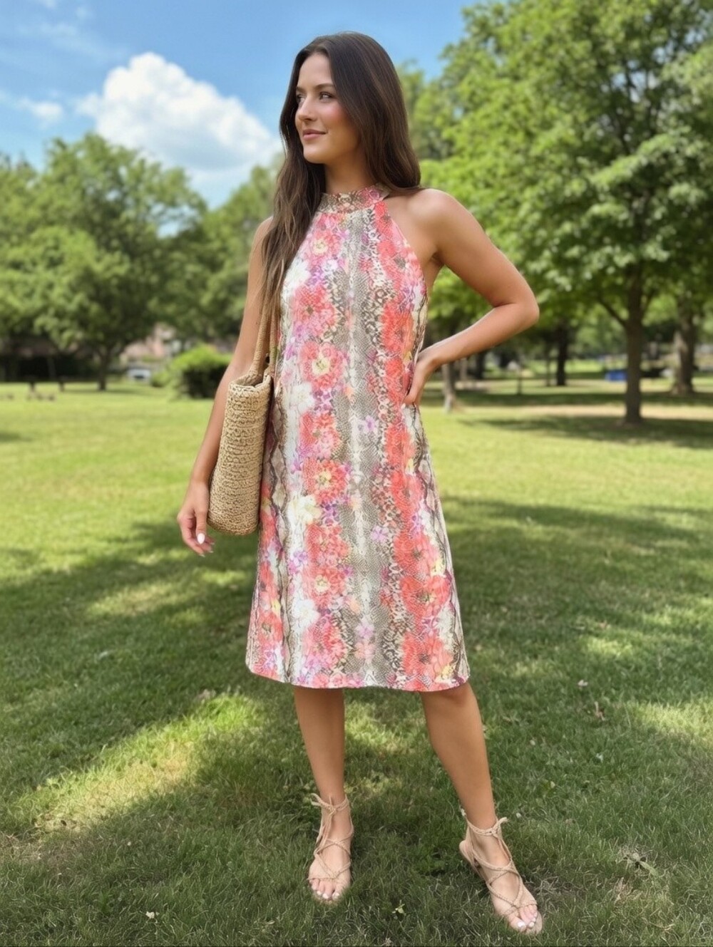 Floral Snakeskin Print Halter Shift Summer Dress in Pink and Cream Size 12